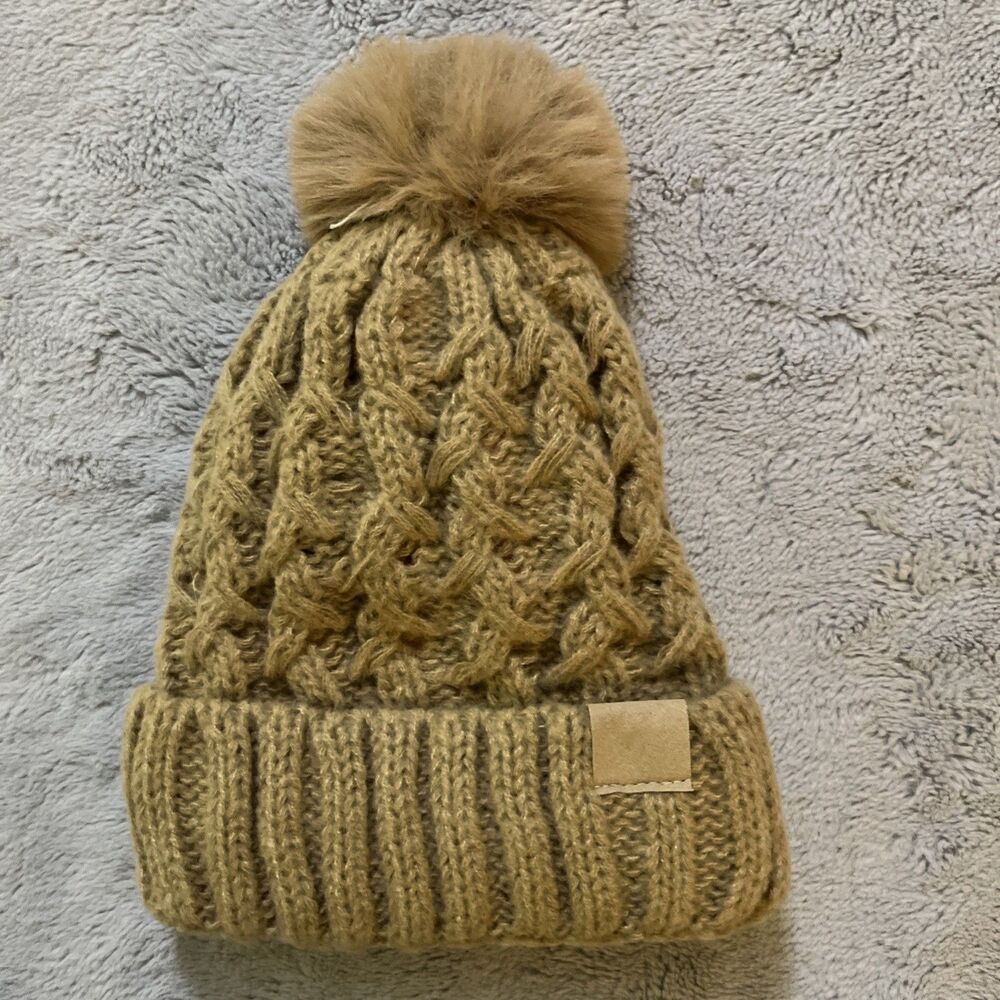 Camel Tan Cable Knit Beanie Faux Fur Pom Pom Winter Hat Fleece Sherpa Lined Cuff